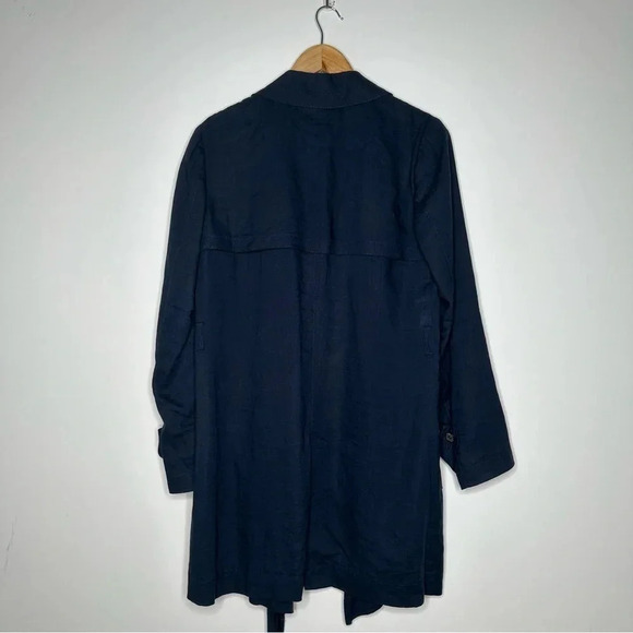 ICB Navy Blue Linen Silk Drape Front Trench Blazer Jacket Size Small - Picture 7 of 10